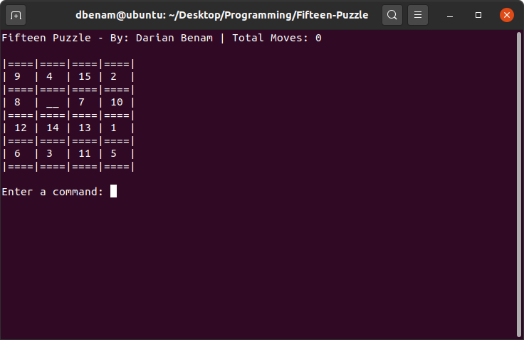 My version of Fifteen Puzzle running in a Windows 10 console window